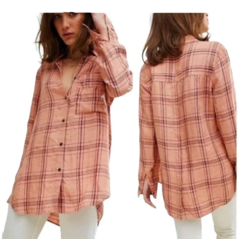 Free People Peach Plaid Button-Down Shirt